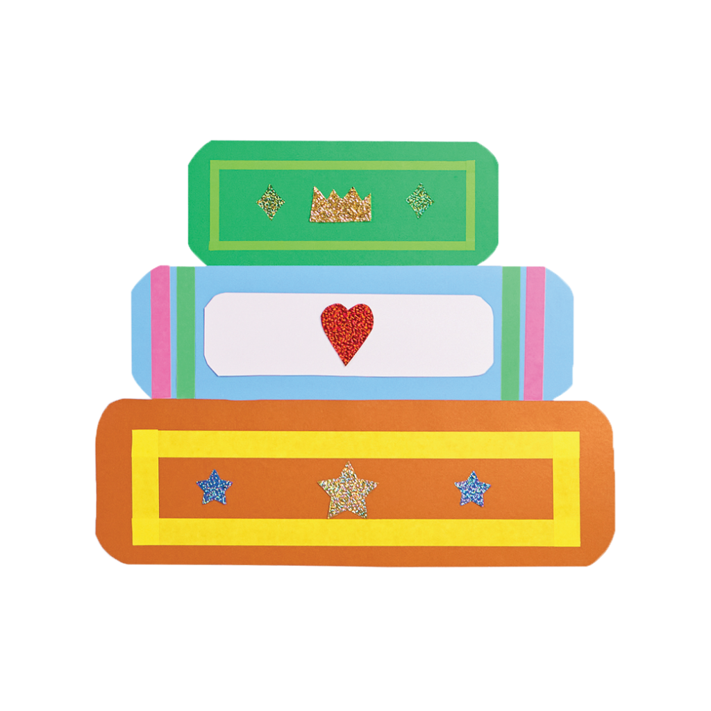 A stack of colourful books with hearts and stars decorating the spines.