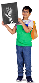 Boy with medium skin tone and dark hair, wearing a backpack and holding up an x-ray of a hand.