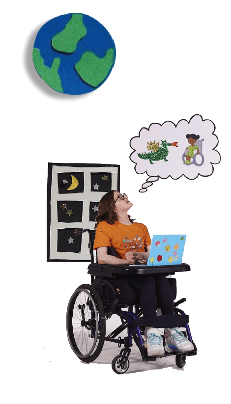A young person with light skin tone and medium brown hair. She is using a wheelchair and writing on her laptop. A thought bubble appears above her head, featuring a character in a wheelchair and a dragon.