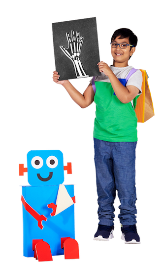 A boy with medium skin tone and dark hair, wearing a backpack and holding up an x-ray of a hand.